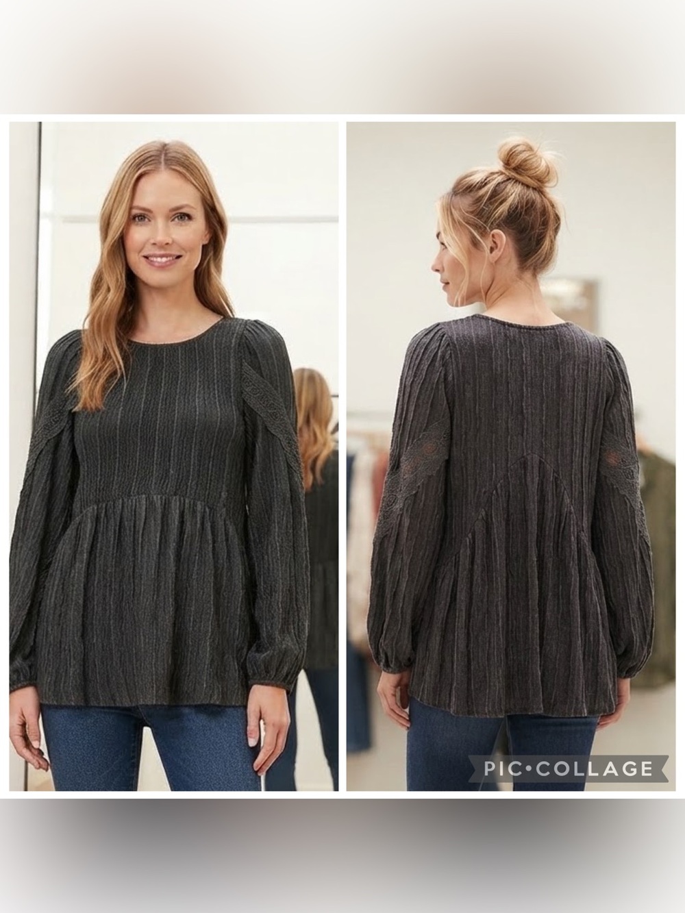 GILLI Black Long-Sleeve Textured Peasant Blouse